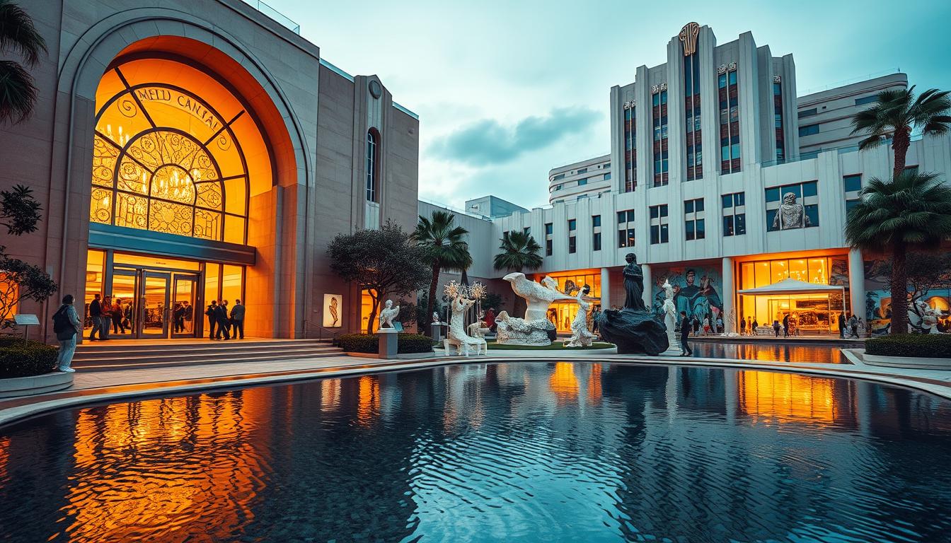 Artistic cultural spaces, a vibrant tapestry of museums, galleries, and art deco architecture, captured in a stunning wide-angle view. Warm, diffused lighting illuminates the intricate details of the grand entrance, inviting visitors to step into a world of creative expression. In the foreground, a serene water feature reflects the surrounding structures, creating a sense of harmony and tranquility. The middle ground showcases an array of abstract sculptures and vibrant murals, while the background is dominated by the majestic, geometric lines of an iconic art deco building. The overall atmosphere exudes a refined, sophisticated ambiance, perfect for the &quot;Stunning Art Scenes: Museums, Galleries and Art Deco&quot; section of the &quot;travel destinations&quot; article on www.travelandworldcup.com.