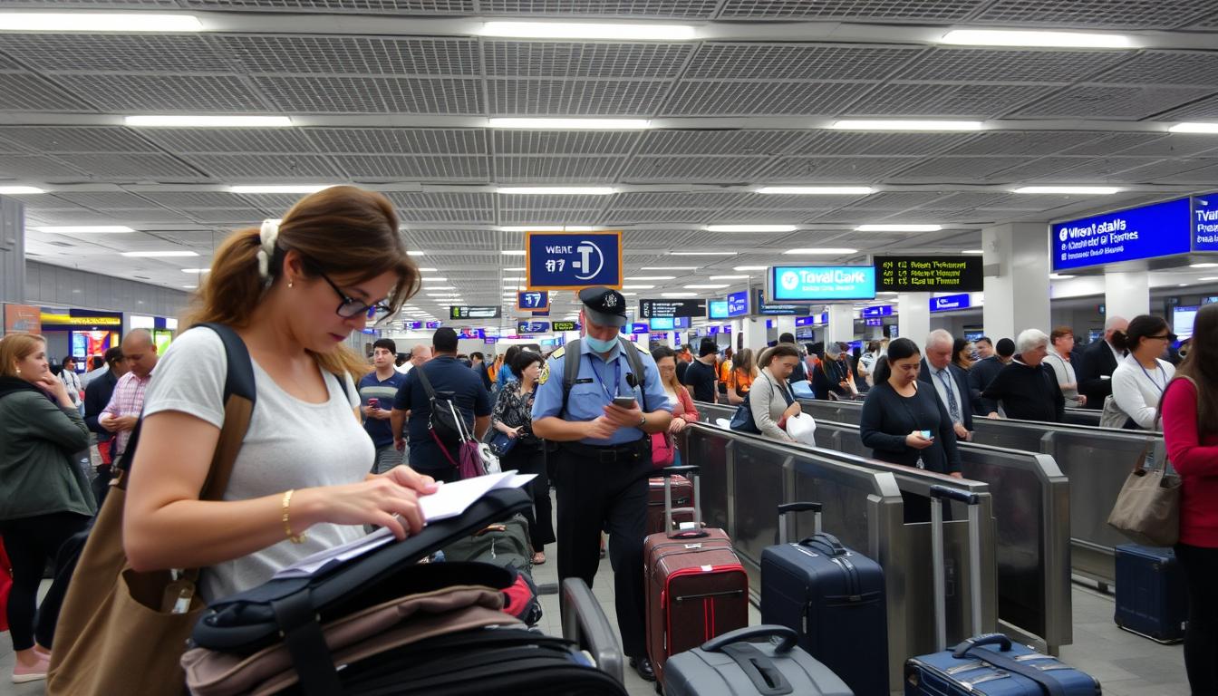 A bustling airport terminal, travelers navigating the complexities of state security regulations. In the foreground, a woman carefully unpacks her belongings for inspection, the bright fluorescent lights casting a clinical glow. In the middle ground, a security officer stands vigilant, scrutinizing documents and luggage. The background is a tapestry of signage, conveyor belts, and the hurried movements of passengers, all against the backdrop of the www.travelandworldcup.com logo. The scene conveys a sense of unease and heightened vigilance, underscoring the challenges and necessary precautions inherent in modern travel.