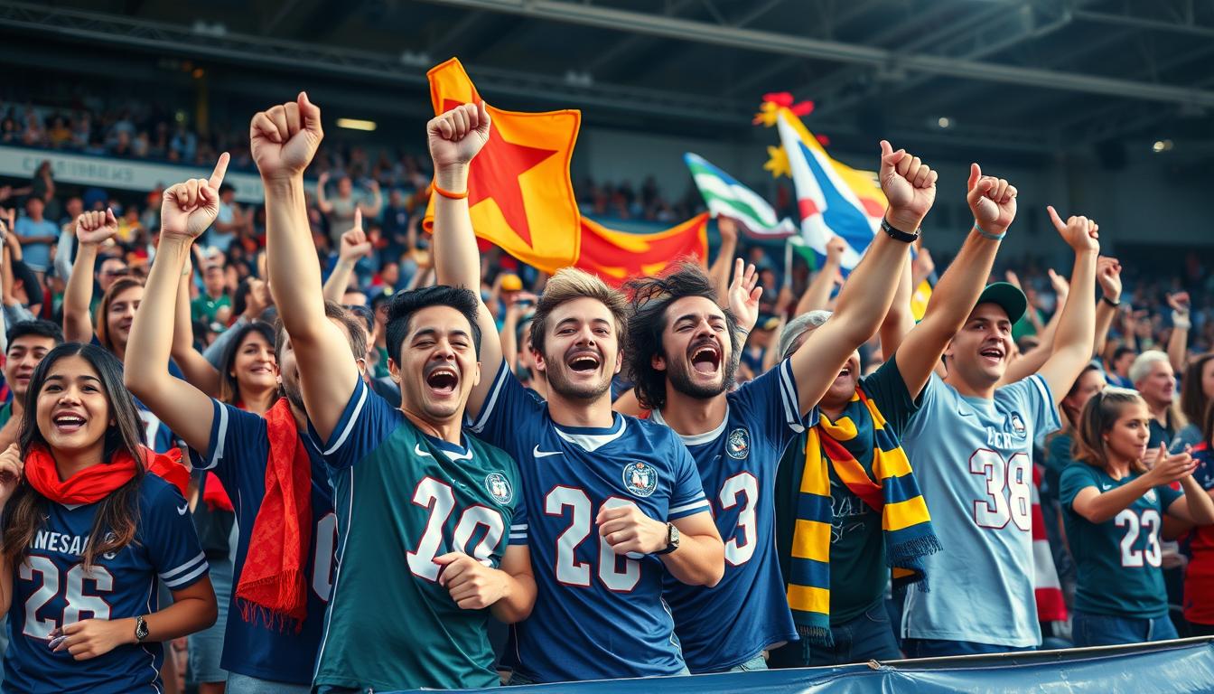 Generate an image of a vibrant ultra fan group in a stadium.