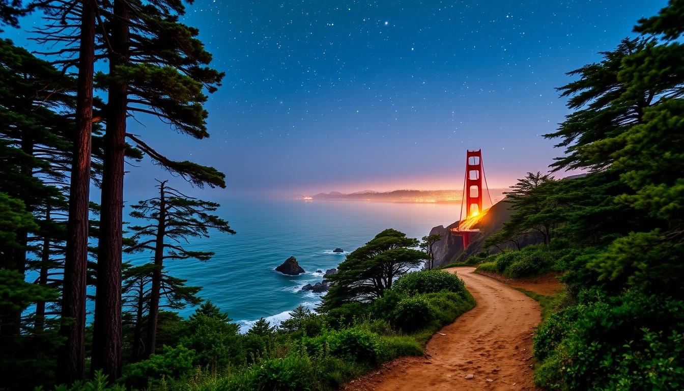 Coastal trail hikes in San Francisco, a serene landscape under a starry night sky. In the foreground, a winding dirt path leads through a lush, verdant forest. Tall, majestic redwood trees line the trail, their branches reaching towards the heavens. In the middle ground, the trail opens up to reveal breathtaking views of the Pacific Ocean, the waves crashing gently against the rocky cliffs. In the distance, the iconic Golden Gate Bridge stands tall, its warm, amber lights reflecting off the still waters. The scene is bathed in a soft, ethereal glow, creating a sense of tranquility and wonder. www.travelandworldcup.com