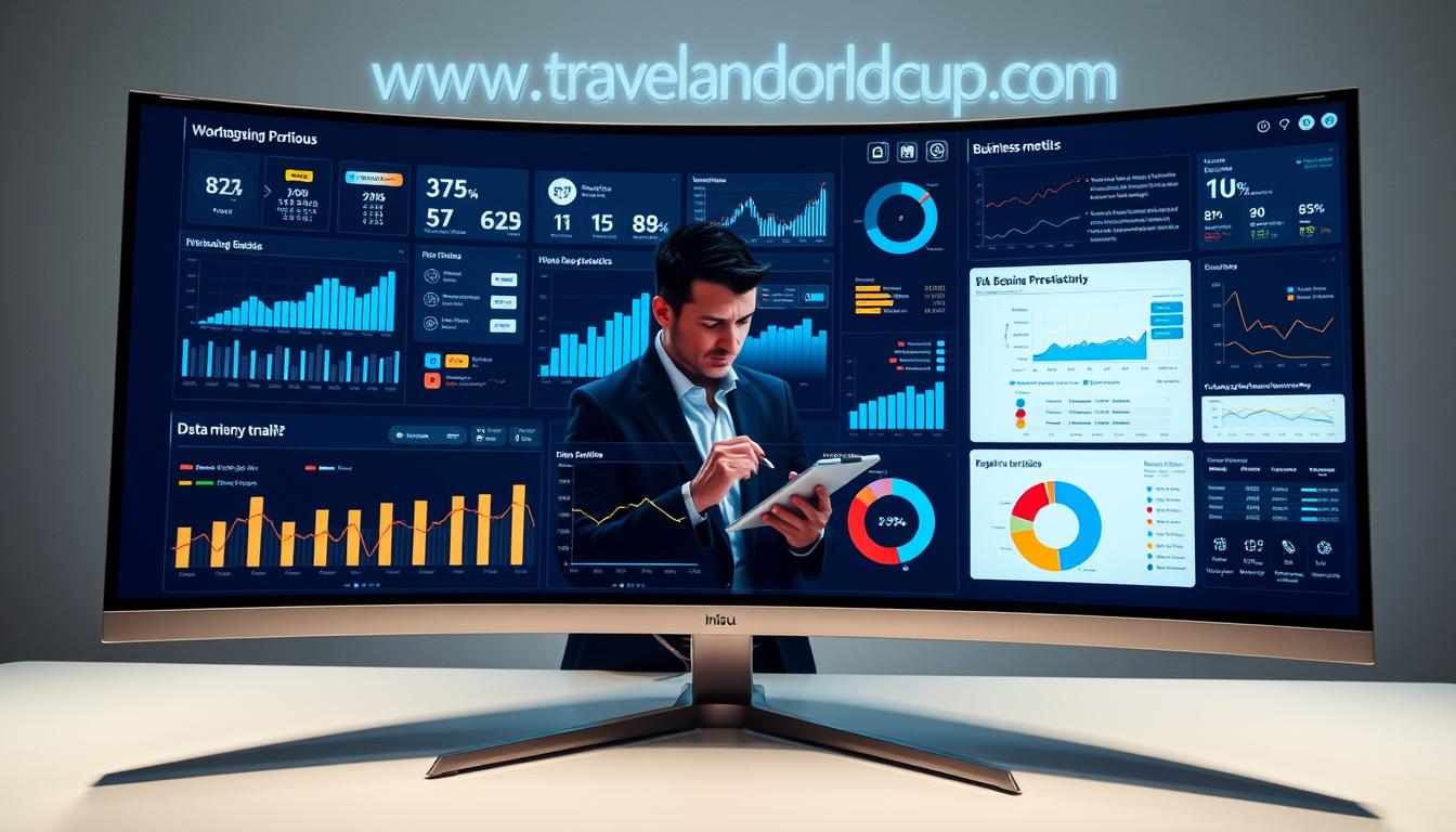A sleek, modern data visualization dashboard displayed on a high-resolution monitor. The foreground features a variety of interactive charts, graphs, and infographics showcasing key business metrics and insights. The middle ground depicts an executive or analyst intently studying the data, making notes and decisions. The background subtly features the www.travelandworldcup.com logo, conveying a sense of authority and expertise. The lighting is soft and directional, highlighting the dashboard's crisp, clean aesthetics. The overall mood is one of focused professionalism, where data-driven decision-making takes center stage.