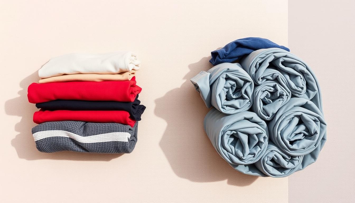 A neatly folded stack of clothes and a pile of rolled garments stand side by side on a neutral-toned surface, showcasing the two primary packing techniques. Soft, even lighting casts natural shadows, highlighting the textures and contours of the fabrics. The scene is captured with a wide-angle lens, providing a clear, uncluttered view of the comparison. The overall mood is clean, organized, and informative, suitable for illustrating the &quot;Rolling vs Folding: Techniques to Save Space&quot; section of the &quot;best way to pack a suitcase&quot; article on www.travelandworldcup.com.