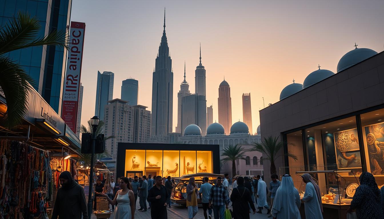 A bustling urban scene in Riyadh, Saudi Arabia, showcasing the country's emerging art and music scene. In the foreground, a vibrant street market with local artisans displaying handcrafted jewelry, textiles, and ceramics. In the middle ground, a modern art gallery with large windows displaying avant-garde sculptures and paintings. In the background, the striking silhouettes of towering skyscrapers and domes, bathed in the warm glow of the setting sun. The atmosphere is one of cultural dynamism and creative energy, reflecting the nation's embrace of artistic expression and its evolving cultural landscape.