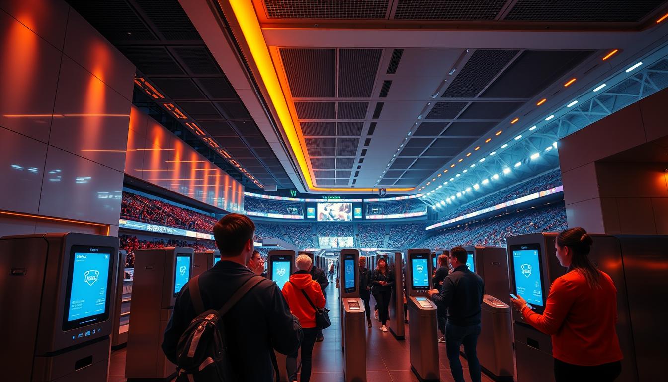 A modern stadium concourse, bathed in warm, vibrant lighting. Digital ticketing screens line the walls, offering a seamless, futuristic entry experience. Fans approach the turnstiles, their mobile devices in hand, ready to tap and gain access to the arena. The atmosphere is one of excitement and anticipation, as the crowd prepares to witness the big game or event. The sleek, minimalist design of the ticketing kiosks creates a sense of efficiency and technological sophistication, enhancing the overall stadium experience.