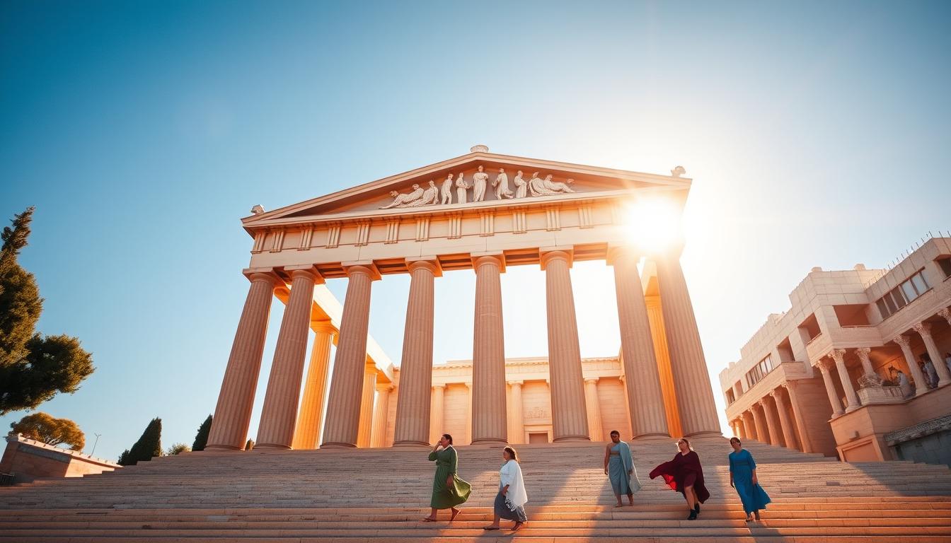 A grand, awe-inspiring Greek temple set against a clear azure sky, bathed in warm, golden sunlight. Towering Doric columns support a pediment adorned with intricate carvings of gods and mythological figures. The temple's gleaming marble facade reflects the brilliance of the sun, creating a sense of timeless elegance. In the foreground, a small group of figures in flowing robes stroll along the steps, adding a sense of scale and human presence to the majestic architectural masterpiece. The scene evokes the grandeur and cultural legacy of ancient Greek civilization, a testament to the enduring power of classical design.