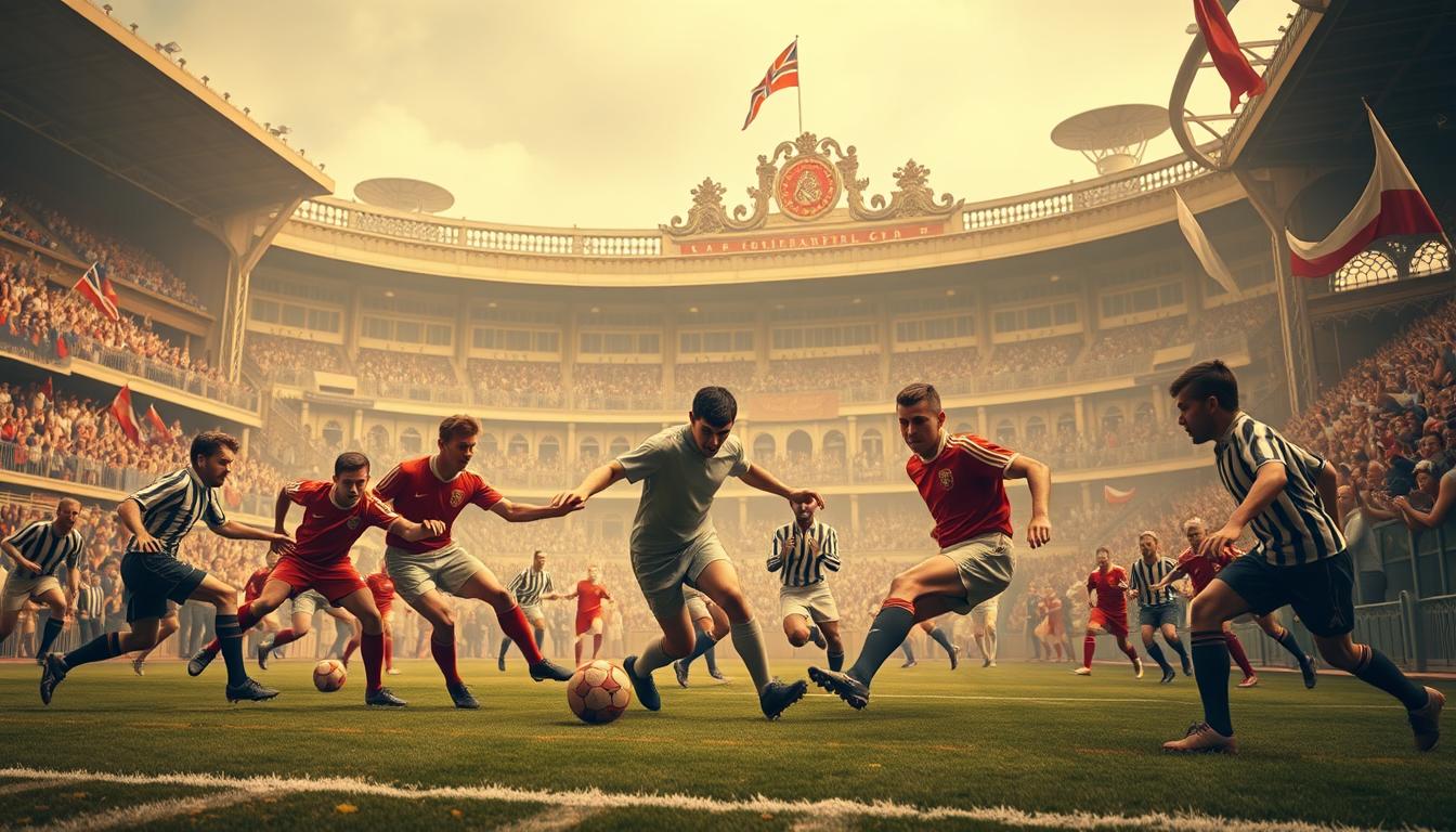 early international football competitions, featuring players in vintage uniforms and leather balls, set against the backdrop of historic stadiums and cheering crowds. The foreground depicts the intense action of a match, with players making dramatic tackles and kicking the ball with passion. The middle ground showcases the grandeur of the stadium architecture, with ornate facades and tiered seating. The background is filled with the atmosphere of the era, with old-fashioned lamps, flags, and banners waving in the air. The lighting is warm and natural, capturing the spirit of the early 20th century. The overall mood is one of nostalgia and the pioneering spirit of the early days of international football.