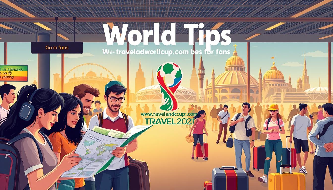 A vibrant, dynamic illustration showcasing World Cup travel tips for fans. In the foreground, a diverse group of soccer enthusiasts excitedly planning their journey, poring over maps and guidebooks, with the iconic www.travelandworldcup.com logo prominently displayed. In the middle ground, a bustling airport terminal, with fans of various nationalities navigating through the crowds, luggage in hand, excitement palpable. In the background, the silhouettes of famous stadiums and landmarks of the host cities, bathed in a warm, golden light, creating a sense of anticipation and adventure. The overall mood is one of excitement, preparation, and a shared passion for the beautiful game.