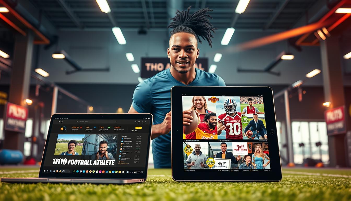 A vibrant multimedia portfolio showcasing a versatile football athlete's skills and achievements. In the foreground, a sleek laptop displays video highlights and interactive stats, surrounded by stylized social media icons. The middle ground features a large touchscreen tablet displaying a dynamic photo gallery, conveying the athlete's off-field personality. In the background, a state-of-the-art training facility with high-tech equipment and branded signage sets the scene. Warm, directional lighting from various angles accentuates the modern, immersive atmosphere, creating a visually engaging and visually striking digital presentation.