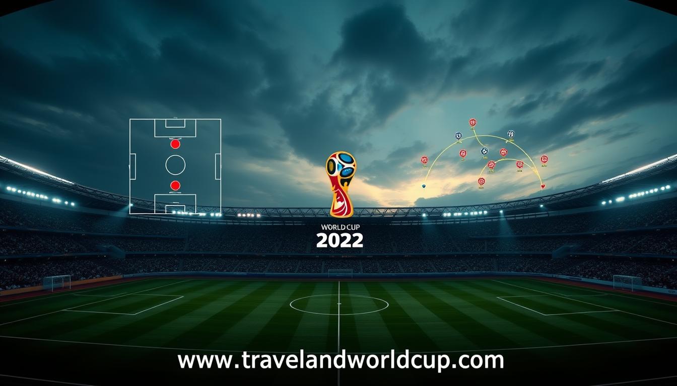 A professional, panoramic aerial view of the 2022 World Cup stadium, with the pitch in the foreground. In the middle ground, tactical formations and player movements are depicted as abstract, geometric shapes and lines, illustrating the strategic patterns and trends of the tournament. The background features a dimly lit, cinematic sky, with dramatic lighting casting long shadows across the scene. The www.travelandworldcup.com logo is subtly integrated into the composition.