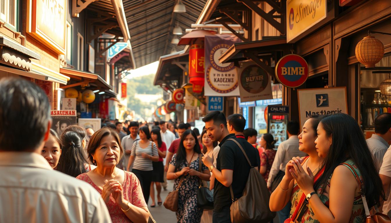 A bustling street in a vibrant cultural hub, showcasing the nuances of local etiquette. In the foreground, a group of people engaged in polite conversation, mindful of appropriate gestures and eye contact. The middle ground features individuals navigating a bustling marketplace, respectfully observing dress codes and customs. In the background, architectural details and signage hint at the unique traditions of the host country. Warm, golden lighting casts a welcoming glow, capturing the essence of cultural immersion. A wide-angle lens provides a comprehensive view, inviting the viewer to step into this immersive cultural experience.