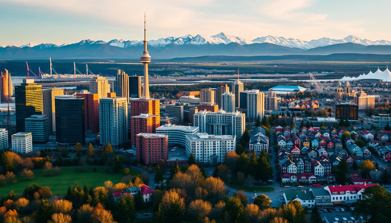 Canadian World Cup host cities, each with a distinct architectural and cultural identity, captured in an aerial view. The skyline of Vancouver, with its modern glass towers and iconic Stanley Park, stands in the foreground. In the middle ground, the historic brick buildings of Toronto's downtown core and the CN Tower rise majestically. Further back, the snowy peaks of the Rocky Mountains in Edmonton and the vibrant, colorful houses of Halifax's waterfront come into view. The image is bathed in warm, golden light, conveying a sense of excitement and anticipation for the 2026 World Cup. www.travelandworldcup.com
