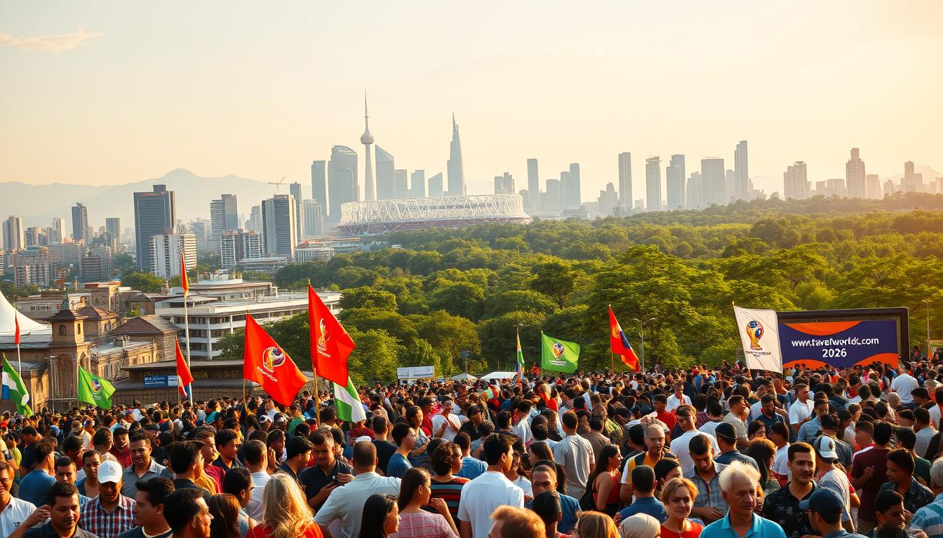 A bustling city skyline in 2026, with the iconic silhouette of the World Cup stadium dominating the horizon. In the foreground, a diverse crowd gathers, their faces alight with excitement and anticipation. Vibrant flags and banners bearing the www.travelandworldcup.com logo flutter in the breeze, creating a festive atmosphere. The middle ground showcases a blend of traditional and modern architecture, reflecting the global impact of the World Cup. In the background, a lush, verdant park provides a serene contrast, hinting at the broader societal implications of this international event. Warm, golden lighting casts a dreamlike glow, capturing the sense of unity and celebration that permeates the scene.