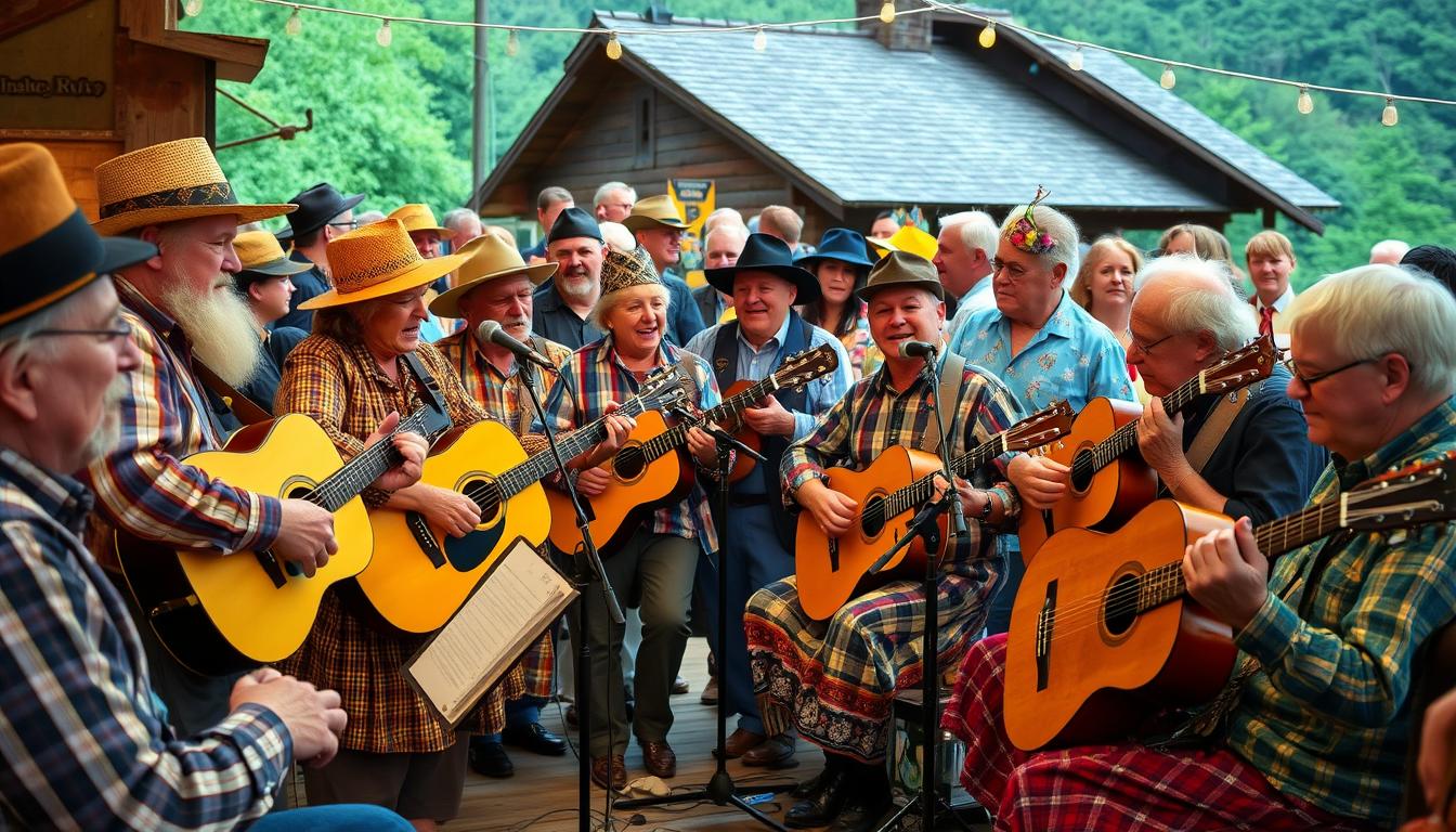 Appalachian folk musicians performing at a local gathering