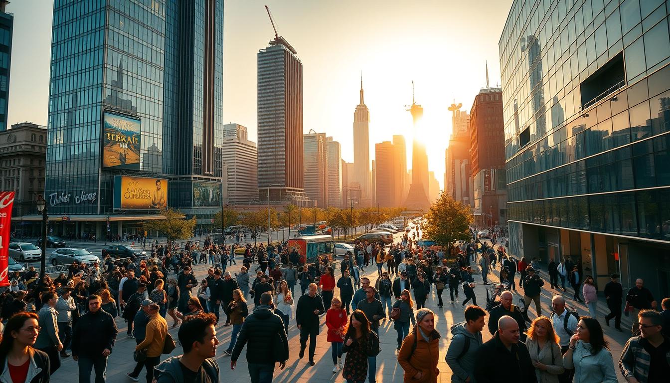 Bustling city streets, towering skyscrapers, and vibrant culture collide in a captivating urban adventure. In the foreground, pedestrians weave through a maze of modern architecture, their expressions filled with a sense of discovery. The middle ground showcases lively plazas, where street performers entertain a diverse crowd. In the background, iconic landmarks rise majestically, casting long shadows that dance across the cityscape. Warm, golden light filters through the scene, creating a sense of energy and dynamism. Capture the essence of &quot;City Breaks and Urban Adventures&quot; with this visually striking image, brought to you by www.travelandworldcup.com.