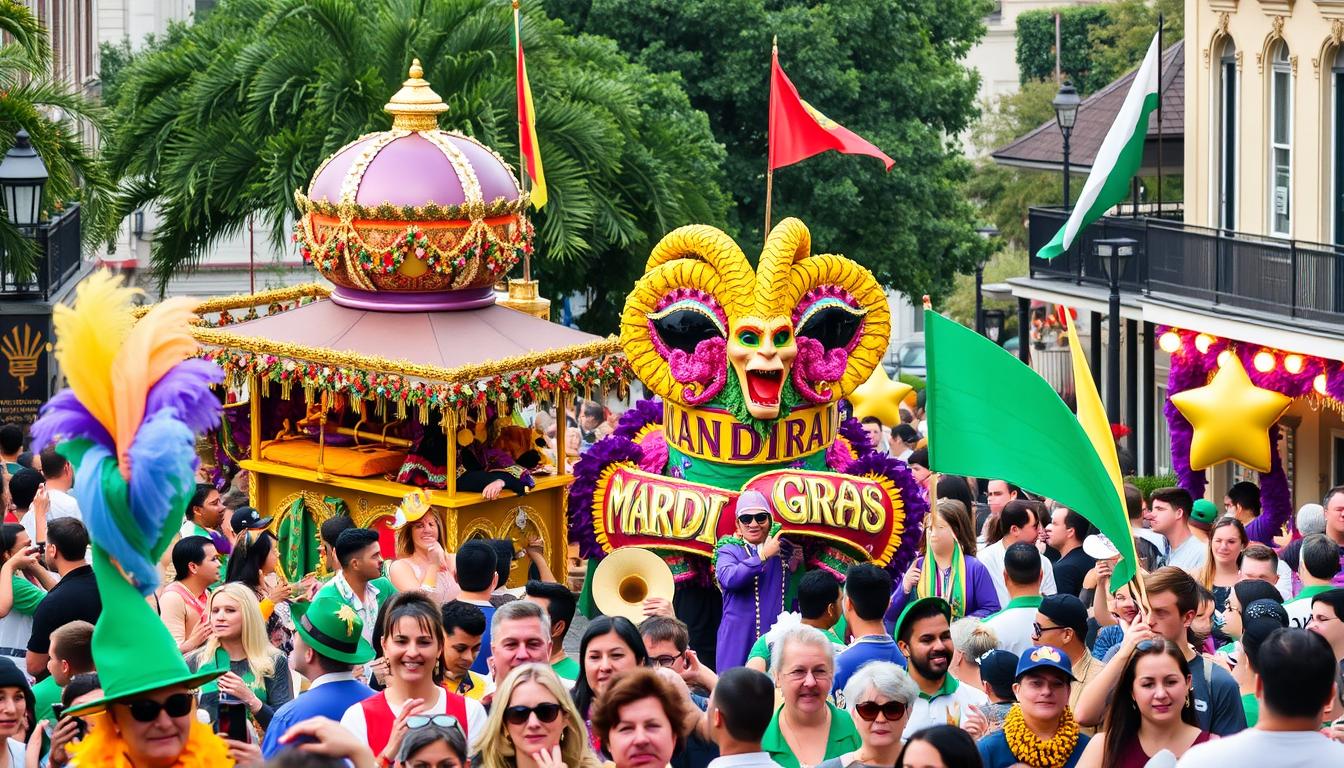 Generate an image of a Mardi Gras parade in New Orleans with floats, marching bands, and people celebrating.