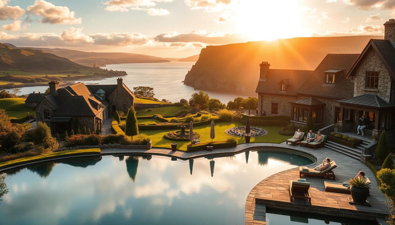 A lush, sprawling luxury resort nestled amidst the verdant hills and pristine lakes of the Irish countryside. Elegant stone buildings with traditional thatched roofs reflect in the still waters, surrounded by meticulously manicured gardens. Guests lounge by the outdoor pool, sipping local whiskey as the golden sun casts a warm glow across the scene. In the distance, the rugged Cliffs of Moher rise majestically, their sheer faces carved by centuries of crashing waves. This idyllic retreat offers world-class spa treatments, fine dining experiences, and endless opportunities to immerse oneself in the natural beauty of Ireland.