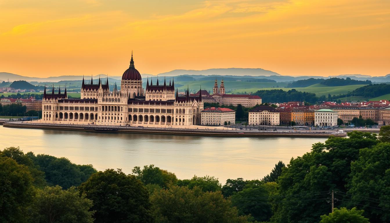 A sweeping panoramic view of Hungary's most iconic landmarks against a warm, golden-hour sky. In the foreground, the magnificent Parliament Building rises majestically, its Neo-Gothic architecture reflected in the calm waters of the Danube River. In the middle ground, the historic Buda Castle complex perches atop a hill, flanked by the striking Fisherman's Bastion and the Matthias Church, their intricate details bathed in rich, saturated colors. Framing the scene, the rolling green hills and lush forests of the Hungarian countryside stretch out to the horizon, creating a stunning natural backdrop. The overall atmosphere conveys a sense of timeless grandeur and historical significance, inviting the viewer to explore the captivating wonders of this enchanting European destination.