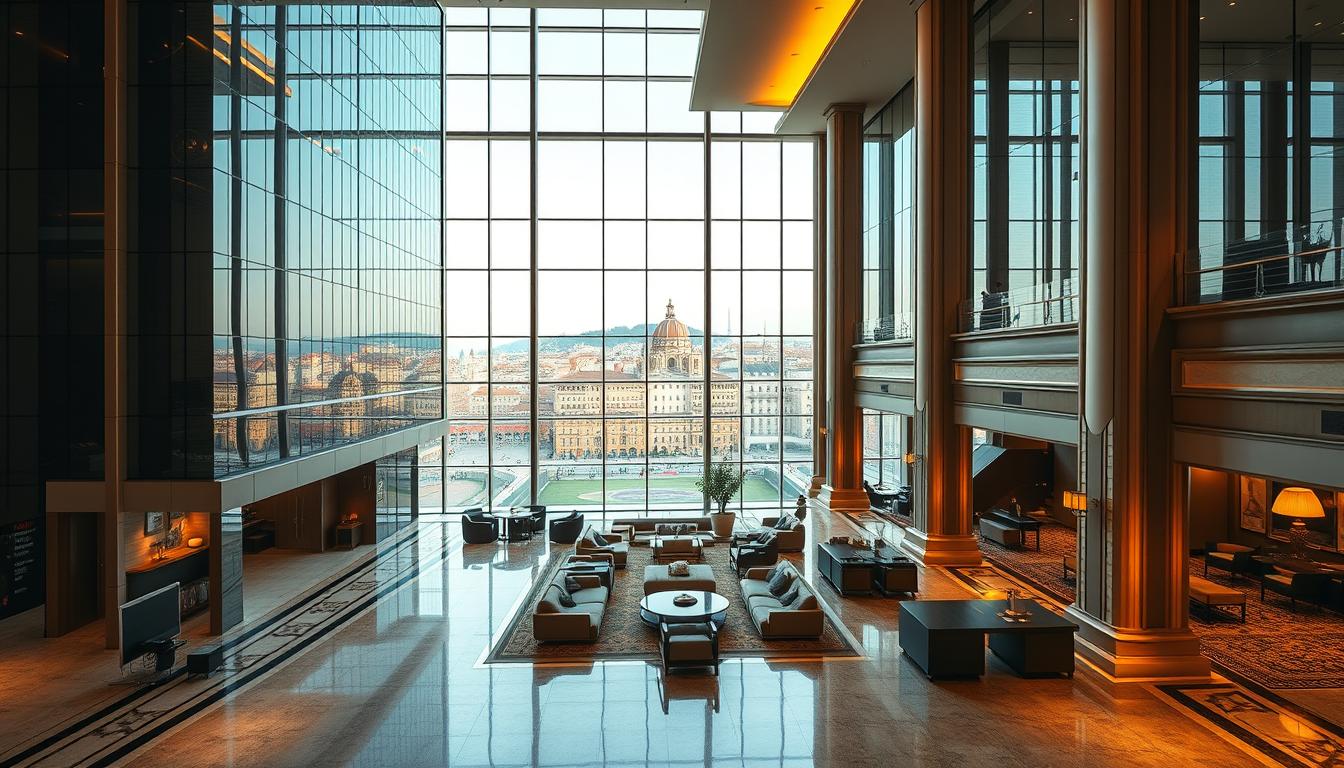 a grand, modern marriott auditorium hotel situated in the heart of madrid, spain. the massive, sleek glass and steel structure stands tall, its facade reflecting the vibrant city skyline. a grand, sweeping entrance leads into a spacious, elegantly designed lobby with high ceilings, ornate columns, and intricate tiled floors. warm, ambient lighting filters through large windows, casting a soft glow across the elegant furnishings and decor. in the background, a breathtaking view of the historic city skyline can be seen through the windows, adding to the hotel's luxurious and sophisticated atmosphere. the overall scene conveys a sense of grandeur, comfort, and the perfect balance of modern and traditional spanish design.