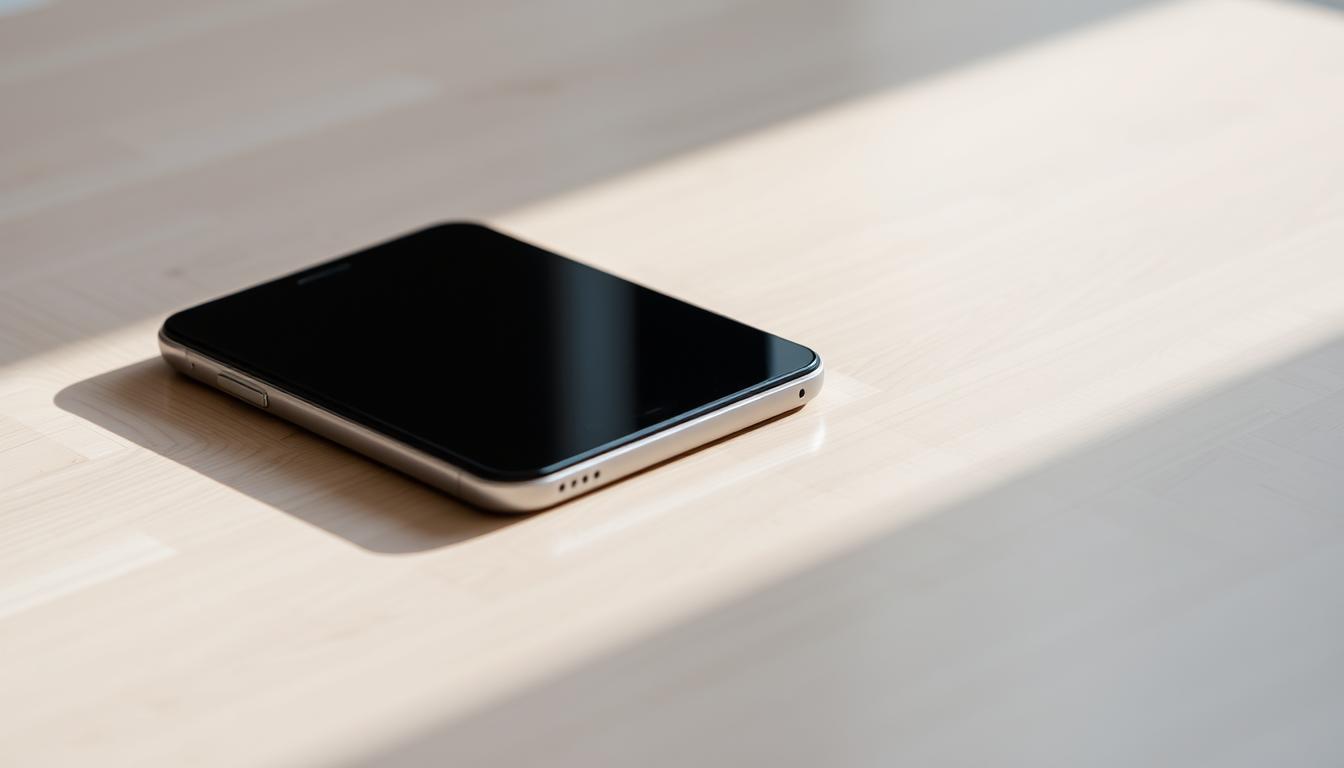 A sleek, modern eSIM phone with a pristine glass display and a slim, minimalist aluminum body. The device is resting on a neutral-toned wooden surface, illuminated by soft, diffused lighting that casts subtle shadows and highlights the clean design. The background is blurred, creating a sense of depth and focus on the phone. The overall mood is one of elegance, simplicity, and high-tech sophistication, complementing the &quot;Common Questions About Yaseem&quot; section of the article.