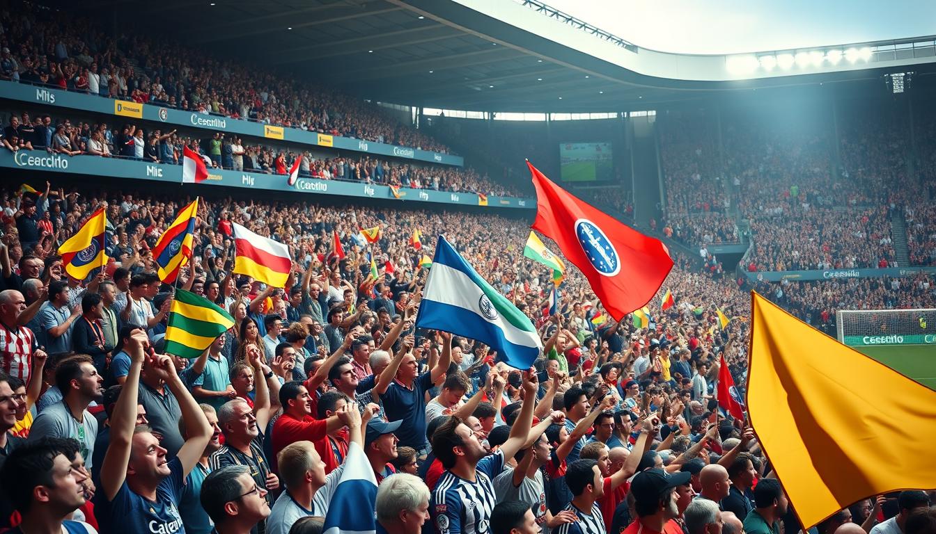 Image of a packed soccer stadium with enthusiastic fans