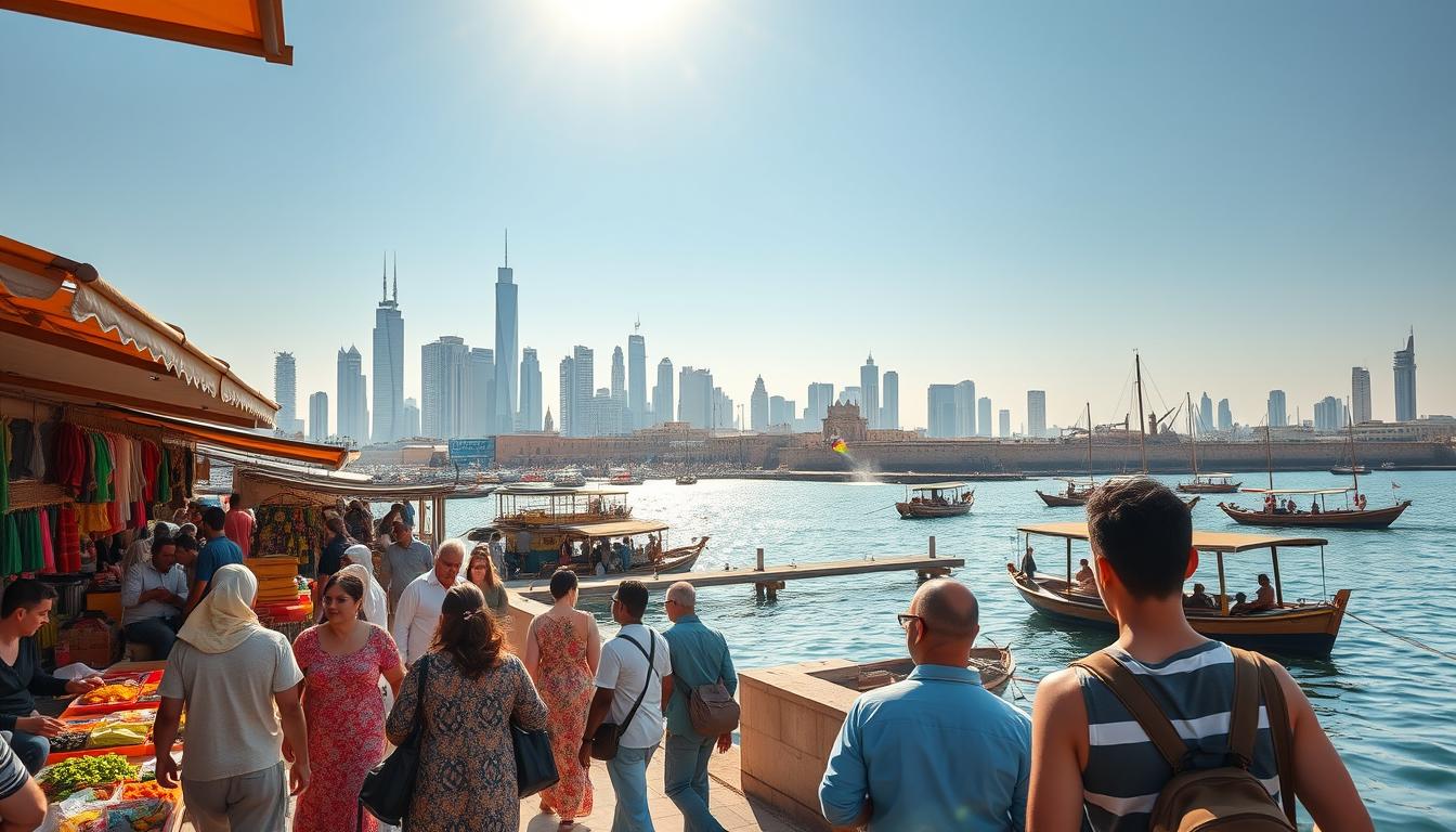 A sun-drenched vista of Kuwait's captivating day trip destinations. In the foreground, a group of friends exploring a vibrant outdoor market, browsing local crafts and savoring traditional cuisine. In the middle ground, a historic dhow harbor, wooden boats gently rocking on the tranquil waters. Framing the scene, the iconic skyline of Kuwait City, its modern skyscrapers and ancient fortifications bathed in the warm glow of the afternoon sun. Cinematic lighting and a wide-angle lens capture the energy, culture, and natural beauty that make Kuwait an alluring destination for day adventures.