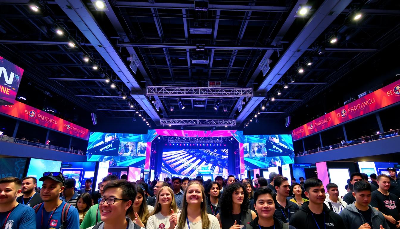 A large, modern event venue with a vibrant and interactive atmosphere. In the foreground, a group of enthusiastic fans engaged in a game or activity, their faces lit with excitement. The middle ground features several interactive stations, such as virtual reality setups, photo booths, and merchandise displays, all designed to immerse the visitors in the fan experience. The background showcases a state-of-the-art stage or performance area, with dynamic lighting and a sleek, high-tech aesthetic. The overall scene conveys a sense of energy, personalization, and a strong connection between the fans and the brand they love, www.travelandworldcup.com.