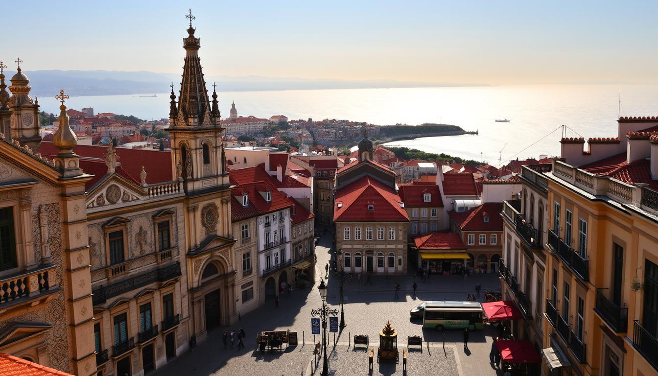An ornate cityscape of historic Portuguese architecture, with towering churches, bustling plazas, and winding cobblestone streets. The foreground features intricate facades of colorful tile and stone, adorned with ornate balconies and intricate carvings. In the middle ground, pedestrians stroll past quaint cafes and shops, while in the background, the silhouettes of distant hills and the glimmering ocean horizon set the scene. The warm, golden lighting casts a romantic, timeless atmosphere, capturing the essence of Portugal's rich cultural heritage and picturesque urban landscapes.