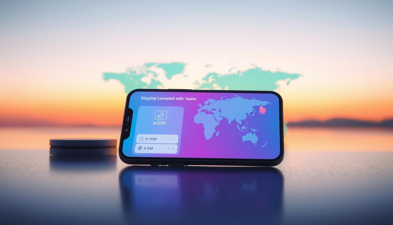 A vibrant, minimalist illustration showcasing an eSIM connectivity guide against a serene backdrop. In the foreground, a sleek smartphone displays the eSIM setup process, its screen illuminated by soft, diffused lighting. In the middle ground, a stylized world map highlights international connectivity, while the background subtly suggests the tranquility of travel, with gentle gradients and a sense of depth. The overall composition conveys the effortless, seamless experience of staying connected while on the move, reflecting the &quot;Staying Connected with Yesim&quot; section of the article.