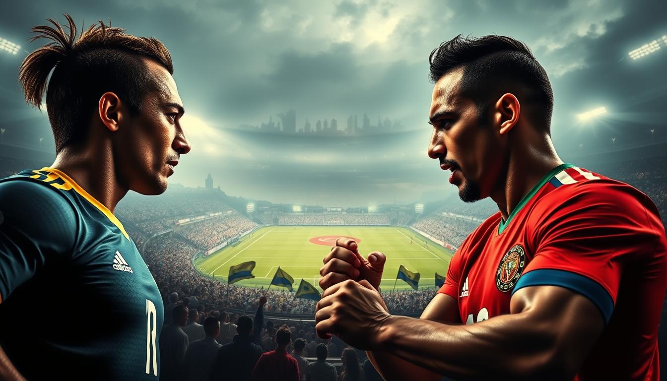 A vibrant, high-contrast image showcasing the historical evolution and comparative dynamics of South American football. In the foreground, two national team players face off in a tense duel, their muscular physiques and intense expressions capturing the fierce competitive spirit of the sport. The middle ground features a panoramic view of a lush, verdant stadium, with spectators waving flags and creating a electrifying atmosphere. In the background, silhouettes of iconic South American football landmarks and landmarks fade into the distance, providing a sense of cultural and historical context. The lighting is dramatic, with deep shadows and highlights accentuating the players' movements and the grandeur of the setting. The overall composition conveys the rich tapestry of South American football, its deep-rooted traditions, and the unwavering passion of its devoted fans.