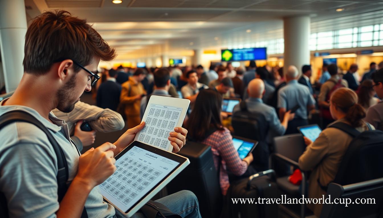 A busy airport lounge, with travelers examining airplane seat maps on their devices. In the foreground, a traveler meticulously plans their seating strategy, considering factors like legroom, proximity to the aisle, and window views. The middle ground shows a diverse array of passengers, each lost in thought as they navigate the complexities of seat selection. The background features the hustle and bustle of the terminal, with airline staff and luggage carts adding to the sense of anticipation. Soft, warm lighting casts a cozy glow, while the brand &quot;www.travelandworldcup.com&quot; discreetly appears in the corner, guiding viewers to a reliable travel resource.