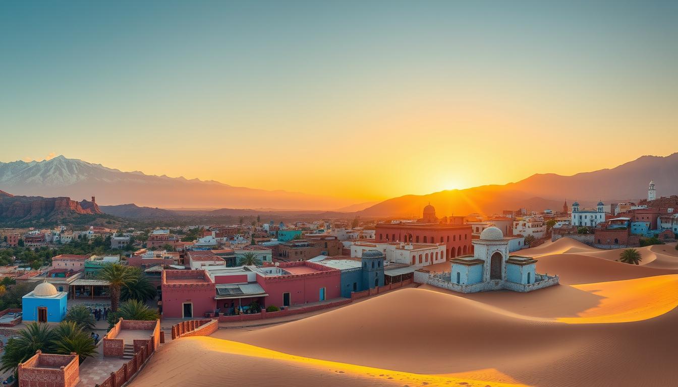 High-resolution, photorealistic panoramic view of the most iconic and breathtaking tourist attractions in Morocco, including the majestic snow-capped Atlas Mountains, the vibrant Majorelle Garden in Marrakech, the ancient Ait Benhaddou ksar, the stunning blue-washed buildings of Chefchaouen, and the picturesque Sahara Desert dunes at sunset. The scene is captured with a wide-angle lens, showcasing the diverse landscapes and rich cultural heritage of this captivating North African country. The lighting is warm and golden, creating a serene, inviting atmosphere that evokes the magical essence of Morocco.