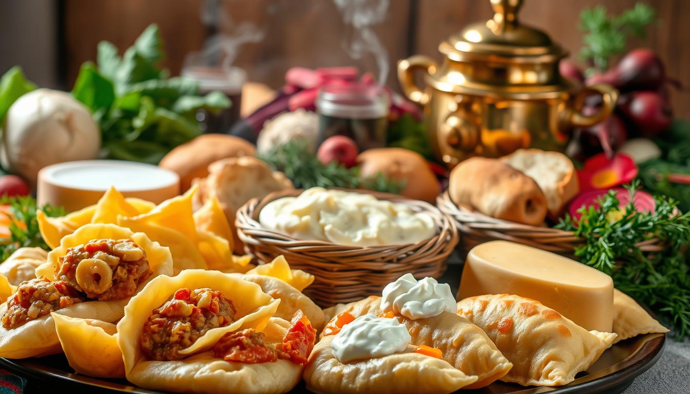 A sumptuous feast of traditional Polish cuisine, captured in a vibrant still life. In the foreground, an array of pierogis filled with savory potato and cheese, nestled alongside hearty potato pancakes and a dollop of sour cream. In the middle ground, a basket of fresh-baked, golden-crusted bread and a wheel of creamy, tangy cheese. The background features a brass samovar, steaming with fragrant tea, and a collection of local produce, including vibrant red beets, crisp cabbage, and fragrant dill. Soft, warm lighting casts a cozy glow, evoking the comforting atmosphere of a family-style Polish meal. The composition is balanced and visually appealing, capturing the essence of the rich culinary heritage of Poland.