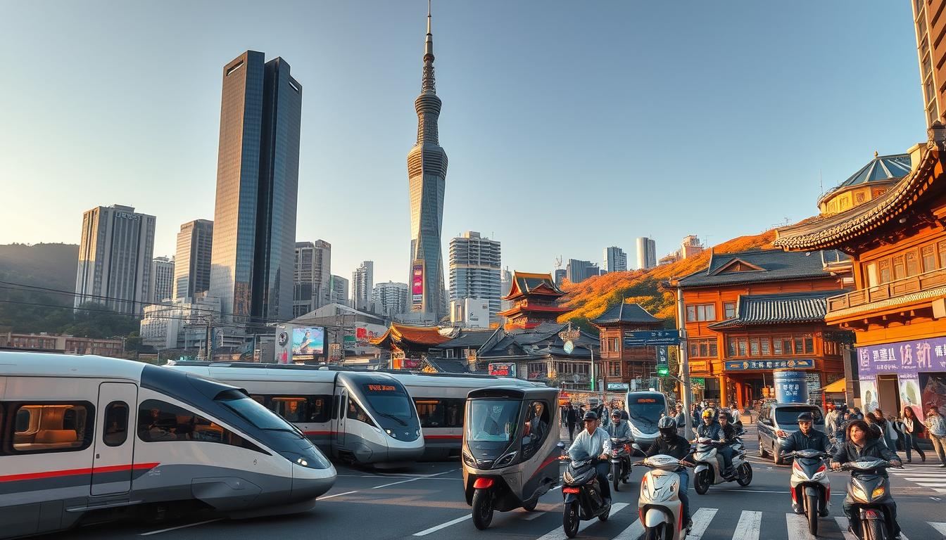 A bustling urban scene of Seoul, South Korea's vibrant capital city. In the foreground, a diverse array of transportation modes – sleek high-speed trains, iconic Seoul Metro subway cars, and agile electric scooters zipping through the streets. In the middle ground, towering skyscrapers and traditional Korean architecture create a striking juxtaposition, while neon signs and digital billboards add a futuristic glow. The background features the lush, rolling hills that surround the city, bathed in warm, golden hour lighting. The overall atmosphere conveys the energy, modernity, and rich cultural heritage that define South Korea's transportation landscape. Captured with a wide-angle lens to showcase the dynamic, multi-layered composition.
