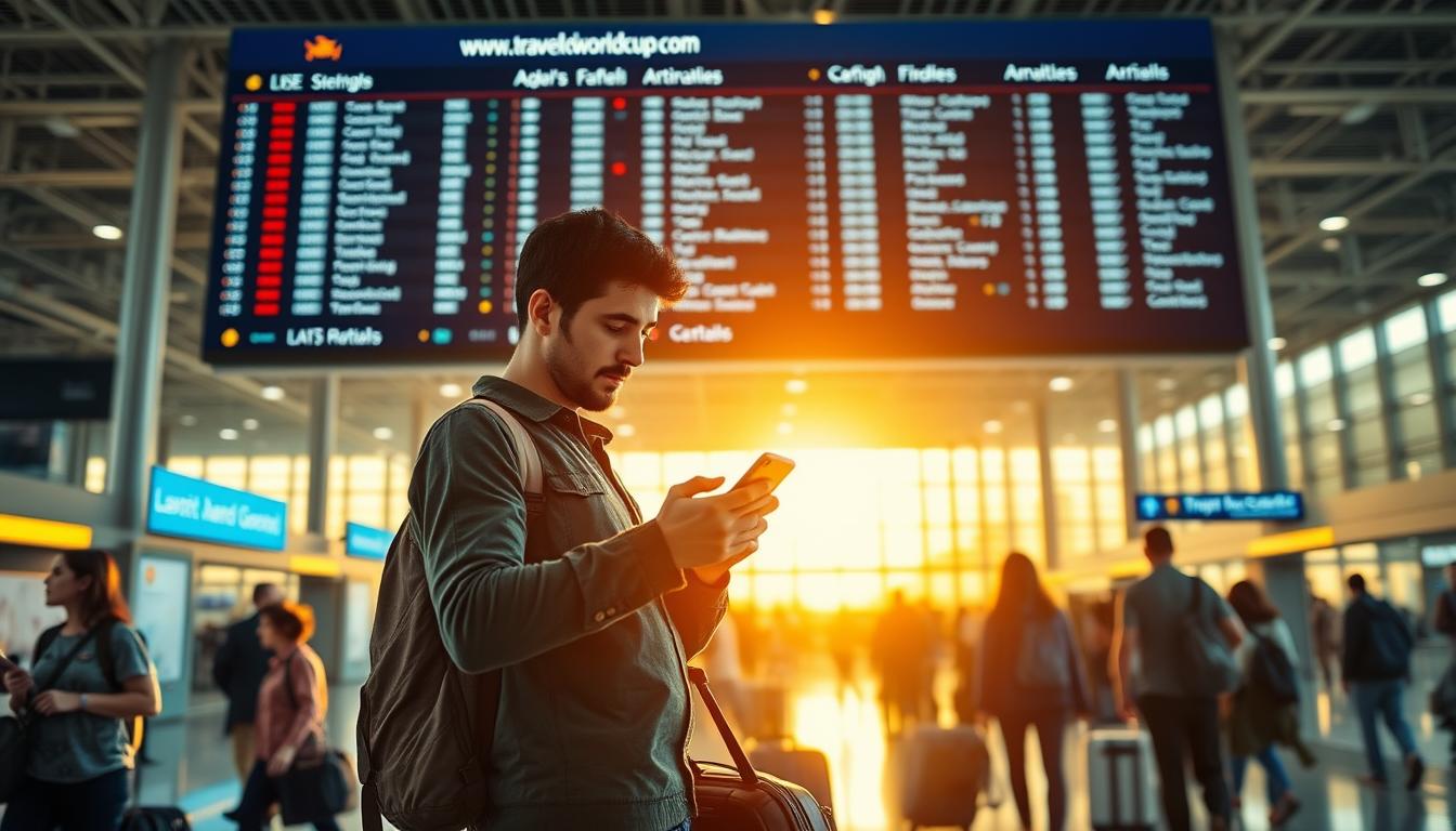 A bustling airport terminal, travelers rushing through, each carrying their own journeys. In the foreground, a traveler stands, smartphone in hand, comparing flight and hotel options on the &quot;www.travelandworldcup.com&quot; website. The middle ground features a large display board, showcasing flight schedules and destinations, a visual representation of the endless possibilities. The background is filled with a warm, golden-hour glow, casting a sense of excitement and adventure. The scene is captured through a wide-angle lens, emphasizing the scale and energy of the environment, conveying the essence of the Trivago App's ability to seamlessly navigate the complexities of travel.
