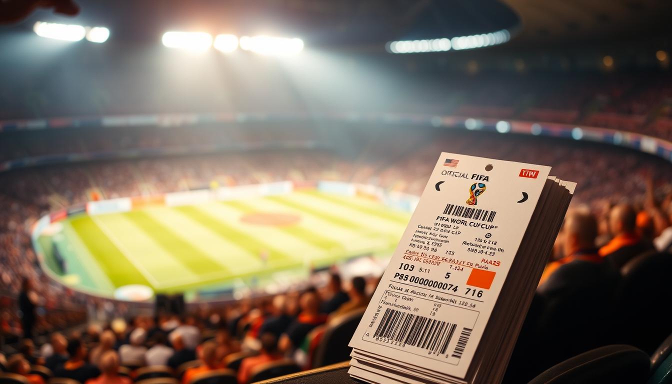 A stack of official FIFA World Cup tickets against a backdrop of soccer stadium seats, illuminated by warm, focused lighting. The tickets are displayed in the foreground, showcasing their intricate designs, security features, and event information. The middle ground features a blurred panoramic view of a packed stadium, with spectators eagerly awaiting the match. The background is hazy, evoking the atmosphere of a grand international sporting event. The overall composition conveys the exclusivity, value, and importance of these coveted World Cup tickets.