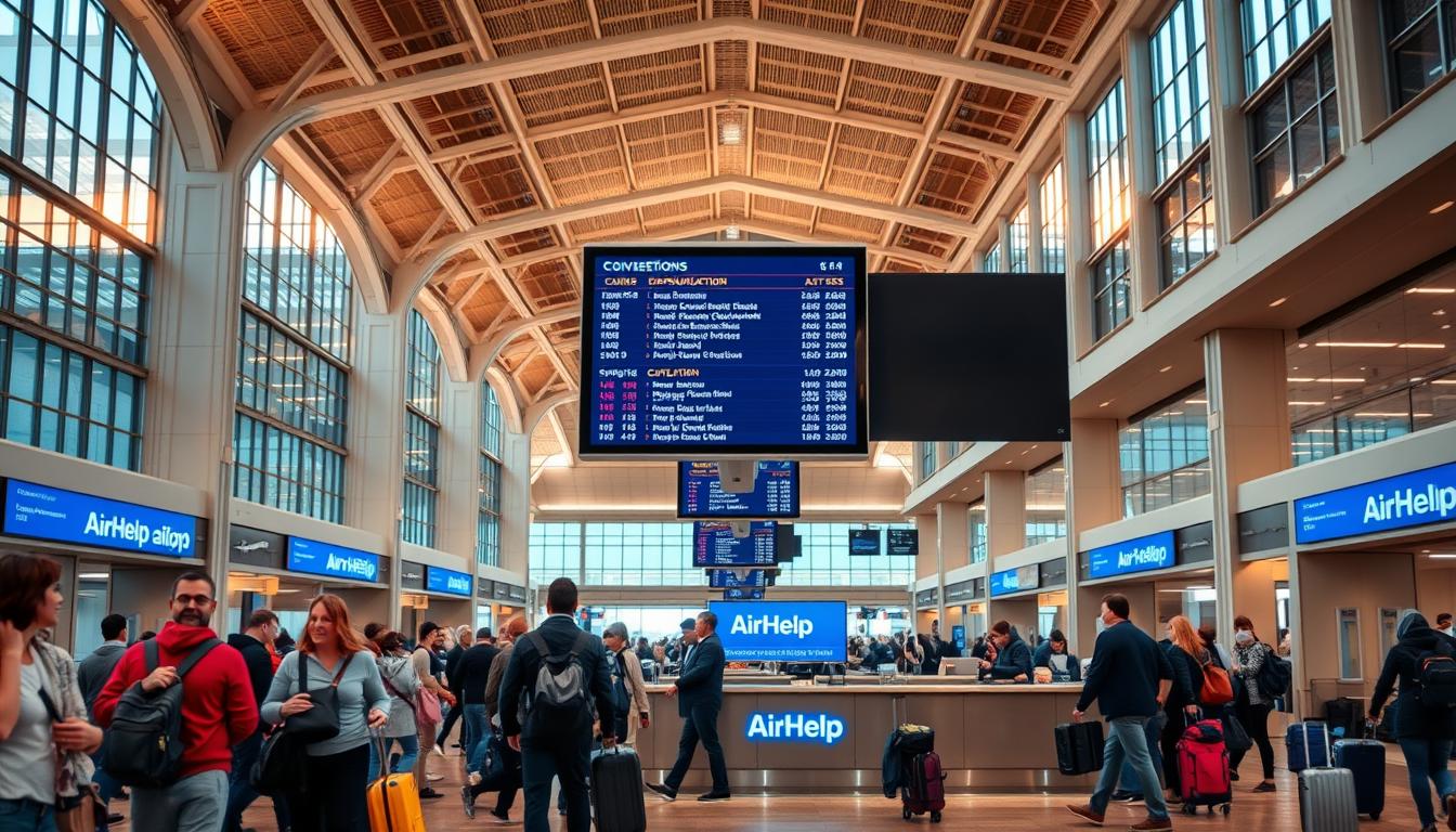 A bustling airport terminal with travelers navigating through the crowds, their luggage trailing behind them. In the foreground, a concierge desk with the AirHelp logo prominently displayed, its staff offering assistance to passengers experiencing travel issues. The middle ground features a large screen displaying flight information and disruption alerts, while the background showcases the architectural grandeur of the terminal, with high ceilings and gleaming windows. The lighting is warm and inviting, casting a soft glow over the scene, conveying a sense of efficiency and professionalism in the AirHelp travel issue management process.