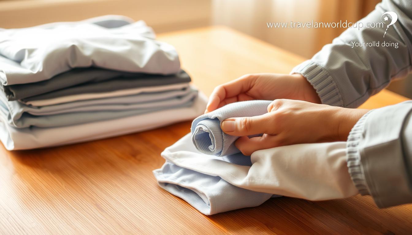 best way to pack a suitcase A neatly folded pile of clothes rests on a wooden table, the fabric softly creased and arranged with precision. In the foreground, a person's hands carefully roll a shirt, demonstrating the technique of rolling clothes to maximize space in a suitcase. The scene is lit by warm, natural light, creating a cozy, domestic atmosphere. In the background, a clean, minimalist www.travelandworldcup.com logo is subtly visible, suggesting the practical application of these folding techniques for travel.