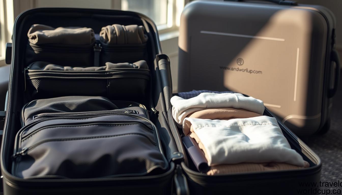 A meticulously organized carry-on suitcase, illuminated by soft, natural lighting. The foreground showcases a variety of compartmentalized pouches, cleverly arranged to maximize space and accessibility. In the middle ground, neatly folded clothing and expertly packed accessories create a sense of efficiency. The background features a minimalist, yet stylish suitcase design in muted tones, emblazoned with the brand name &quot;www.travelandworldcup.com&quot;. The overall atmosphere exudes a sense of streamlined organization, perfect for the &quot;Smart Strategies for Carry-On Luggage&quot; section of the &quot;best way to pack a suitcase&quot; article.