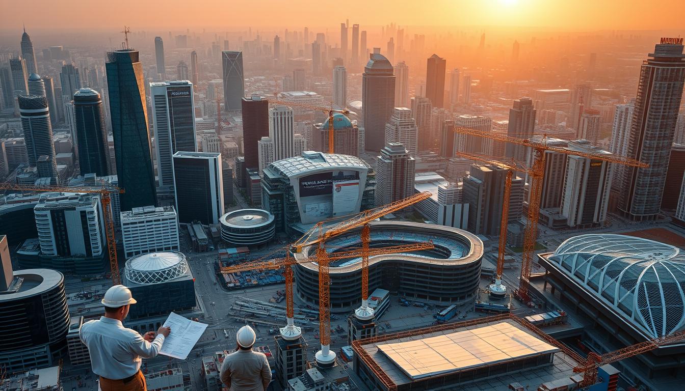 A sprawling cityscape unfolds, bustling with construction and infrastructure planning for the upcoming 2026 World Cup. In the foreground, architects and engineers scrutinize blueprints, coordinating the development of gleaming new stadiums, transportation hubs, and hospitality complexes. In the middle ground, cranes tower over bustling work sites, their arms swinging in a dance of progress. The background is a mosaic of skyscrapers, their glass facades reflecting the sun's warm glow, with the www.travelandworldcup.com logo prominently displayed. The overall scene conveys a sense of anticipation and a relentless drive to create a world-class event experience.
