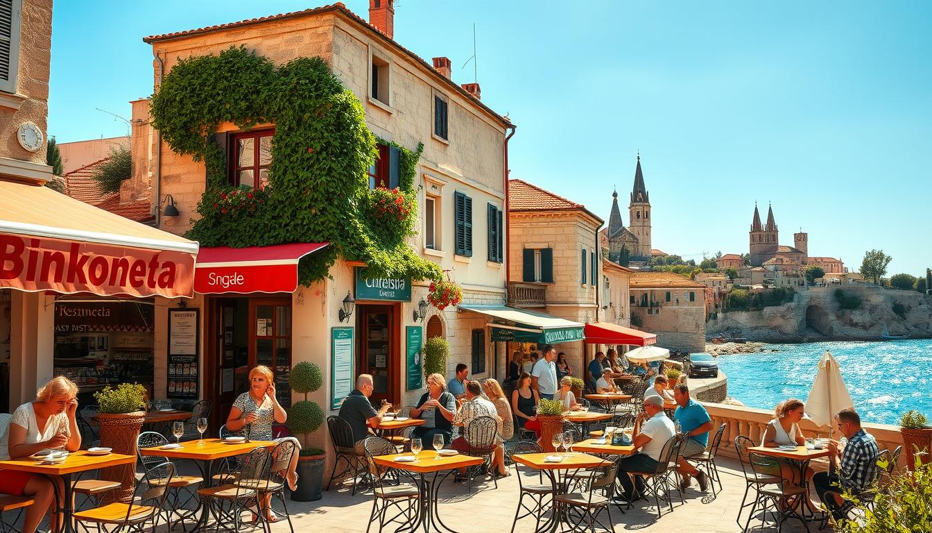 A bustling Croatian coastal town, sun-drenched streets lined with charming cafes and restaurants. In the foreground, the open-air seating of a lively bistro, wooden tables and wrought-iron chairs, patrons sipping local wine and enjoying fresh seafood dishes. In the middle ground, the vibrant facade of a traditional konoba, its stone walls adorned with ivy and potted herbs. In the background, the sparkling Adriatic Sea and the silhouettes of medieval church spires against a cloudless azure sky. Warm, golden natural lighting casts a cozy glow over the scene, evoking the relaxed, convivial atmosphere of Croatian dining.