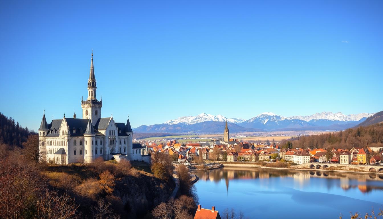 A picturesque landscape showcasing the most iconic landmarks of Germany. In the foreground, the grand facade of the Neuschwanstein Castle stands majestically, its turrets and spires mirrored in the serene lake below. In the middle ground, the historic city of Rothenburg ob der Tauber unfolds, its medieval architecture and cobblestone streets bathed in warm, golden light. In the distance, the soaring peaks of the Bavarian Alps rise, their snow-capped summits piercing the crisp, azure sky. The scene exudes a sense of timeless elegance and cultural richness, inviting the viewer to explore the diverse wonders that Germany has to offer.