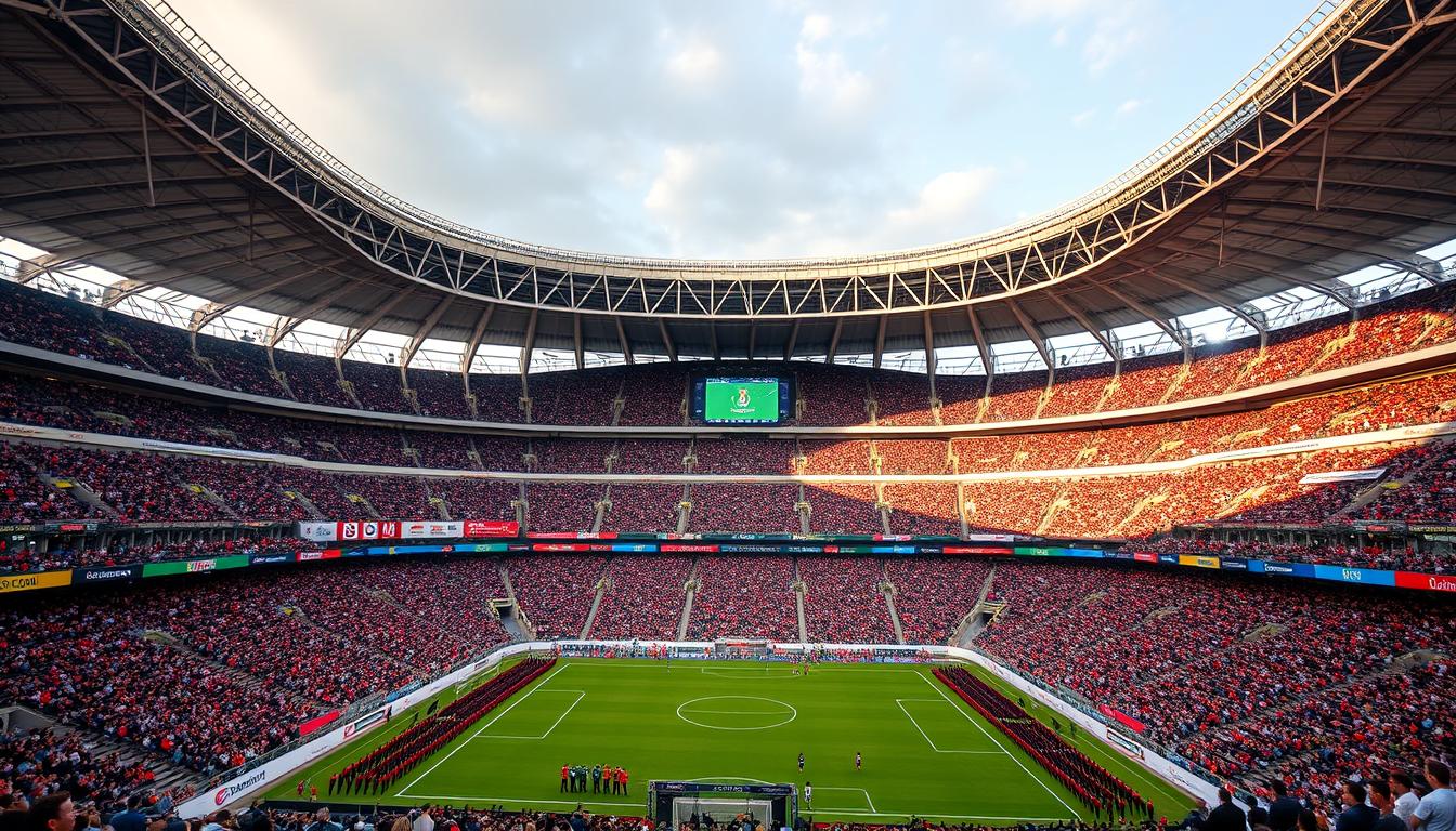 Generate an image of Estadio Azteca in Mexico City, a historic stadium with a large capacity, ready to host the opening match of the 2026 World Cup.