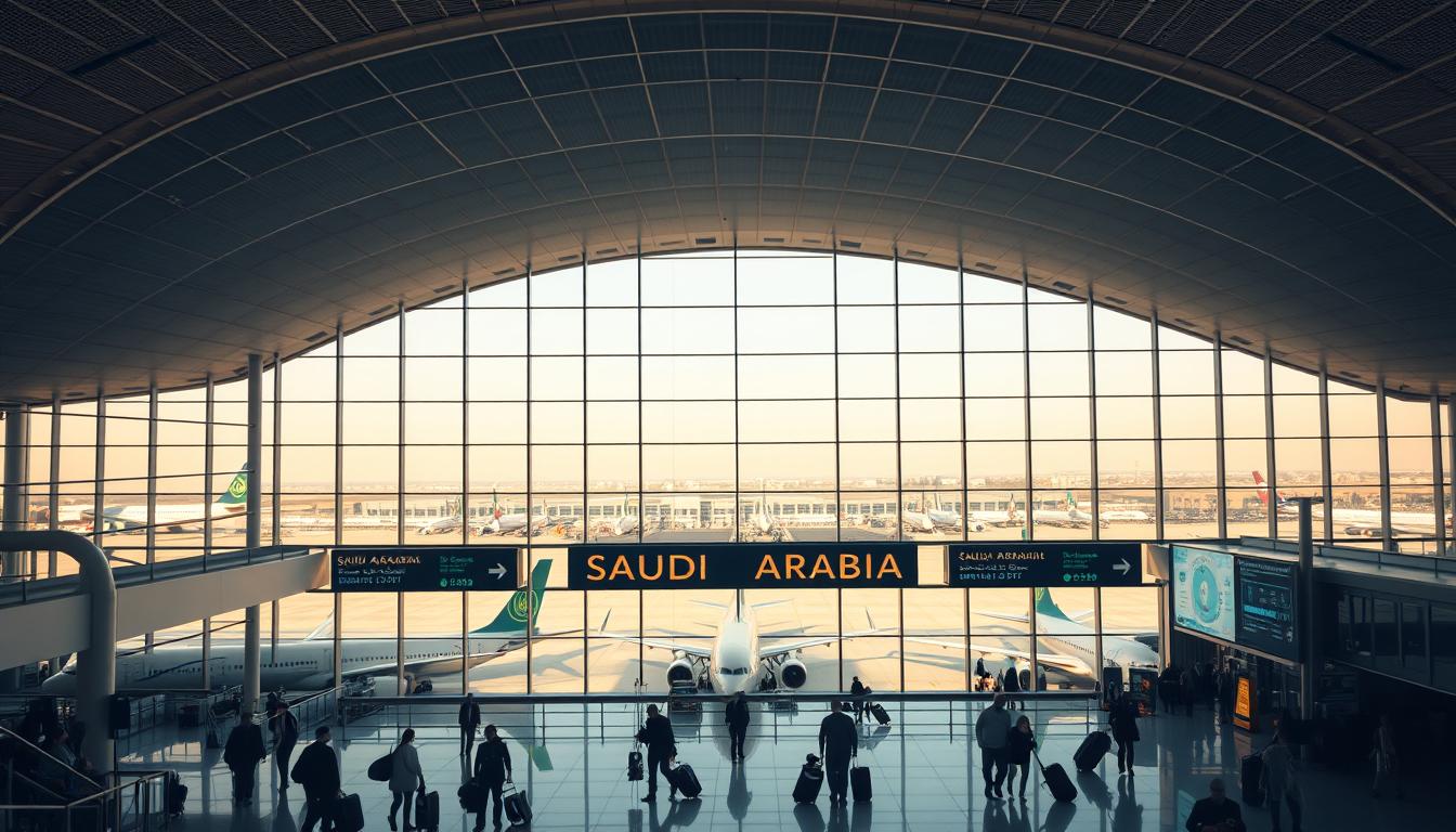high-angle view of a modern international airport terminal with glass walls and ceilings, bathed in warm natural light, featuring multiple jetways with commercial aircraft parked at the gates, passengers hurrying with their luggage, digital flight information boards, and a large &quot;SAUDI ARABIA&quot; sign prominently displayed, conveying a sense of anticipation and excitement for travel to the Kingdom