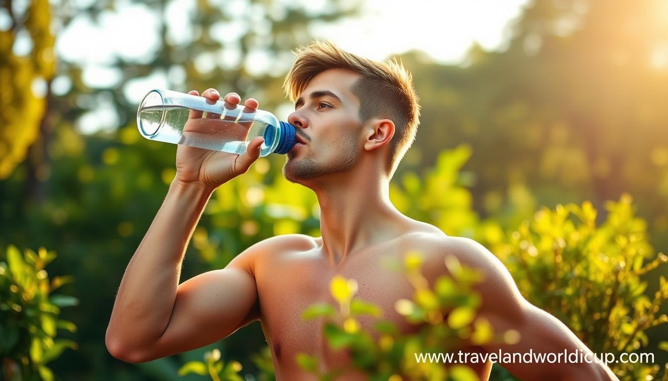 Athlete hydration strategies, a photorealistic scene depicting a fit, athletic individual drinking water from a reusable bottle in a lush, verdant outdoor setting. The subject is surrounded by vibrant greenery, with a blurred, sunlit background suggesting a park or nature reserve. Soft, warm lighting bathes the scene, creating a sense of tranquility and wellness. The athlete's expression conveys focus and determination, reflecting the importance of proper hydration for athletic performance. The image also features the website &quot;www.travelandworldcup.com&quot; prominently displayed in the lower right corner.