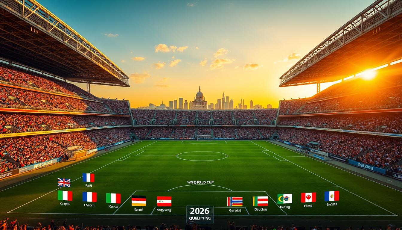 A majestic soccer stadium bathed in golden evening light, its grandstands filled with cheering fans. On the meticulously groomed pitch, teams from around the world compete in the 2026 World Cup qualifying matches, their national flags waving proudly. The foreground features a detailed visualization of the tournament groups, with team logos and group names clearly displayed. In the background, silhouettes of iconic landmarks from the host nations add a sense of global scale and significance. The entire scene conveys the high stakes and international excitement of the World Cup qualifying journey.