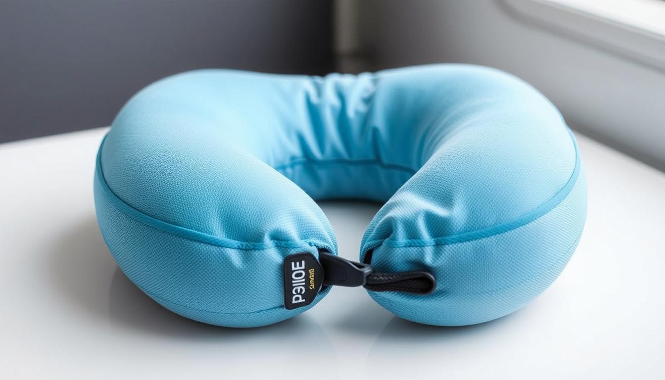Generate an image of a compact, adjustable travel pillow made from breathable materials.