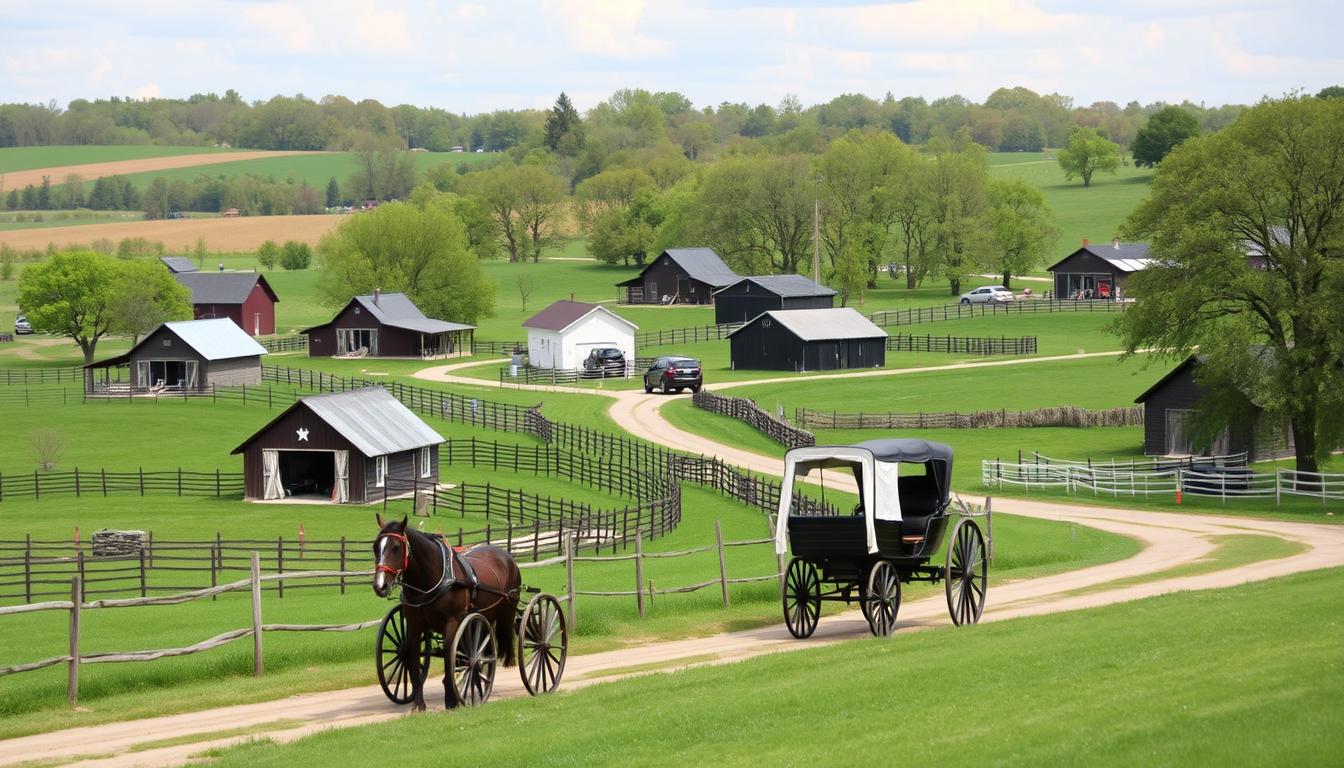 Amish Country landscape with horse-drawn buggies and traditional farms