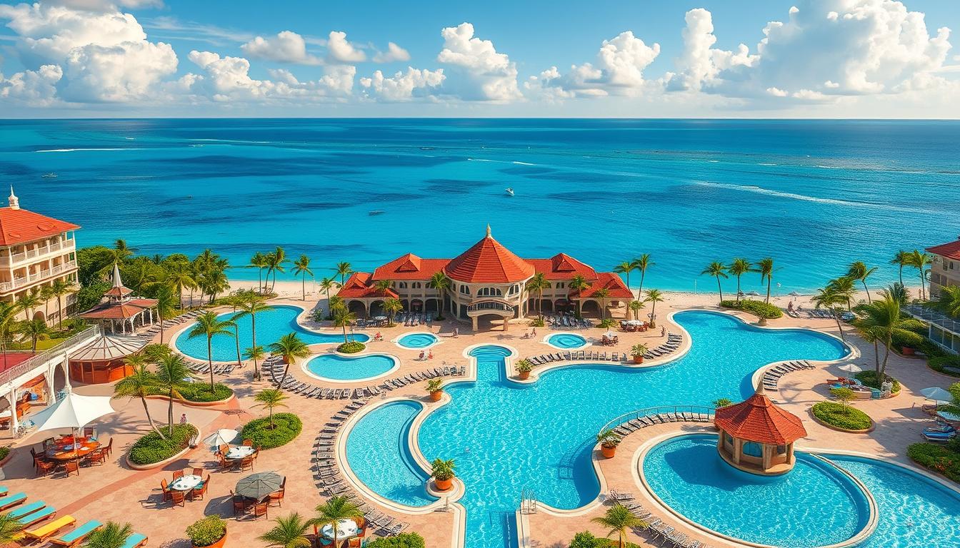 Image of a luxurious all-inclusive resort with multiple pools and dining venues