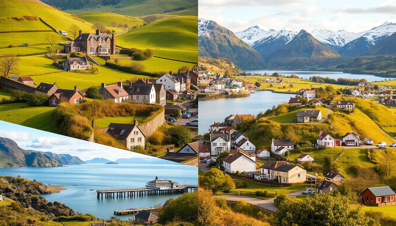 a photo of various scenic UK holiday destinations, including a rolling green countryside landscape with stone cottages, a seaside town with colorful houses and a bustling pier, and a mountainous region with a serene lake and snow-capped peaks in the background. The image has a warm, inviting atmosphere with soft, natural lighting and a lens that captures the scenic beauty and charm of these locations. www.travelandworldcup.com