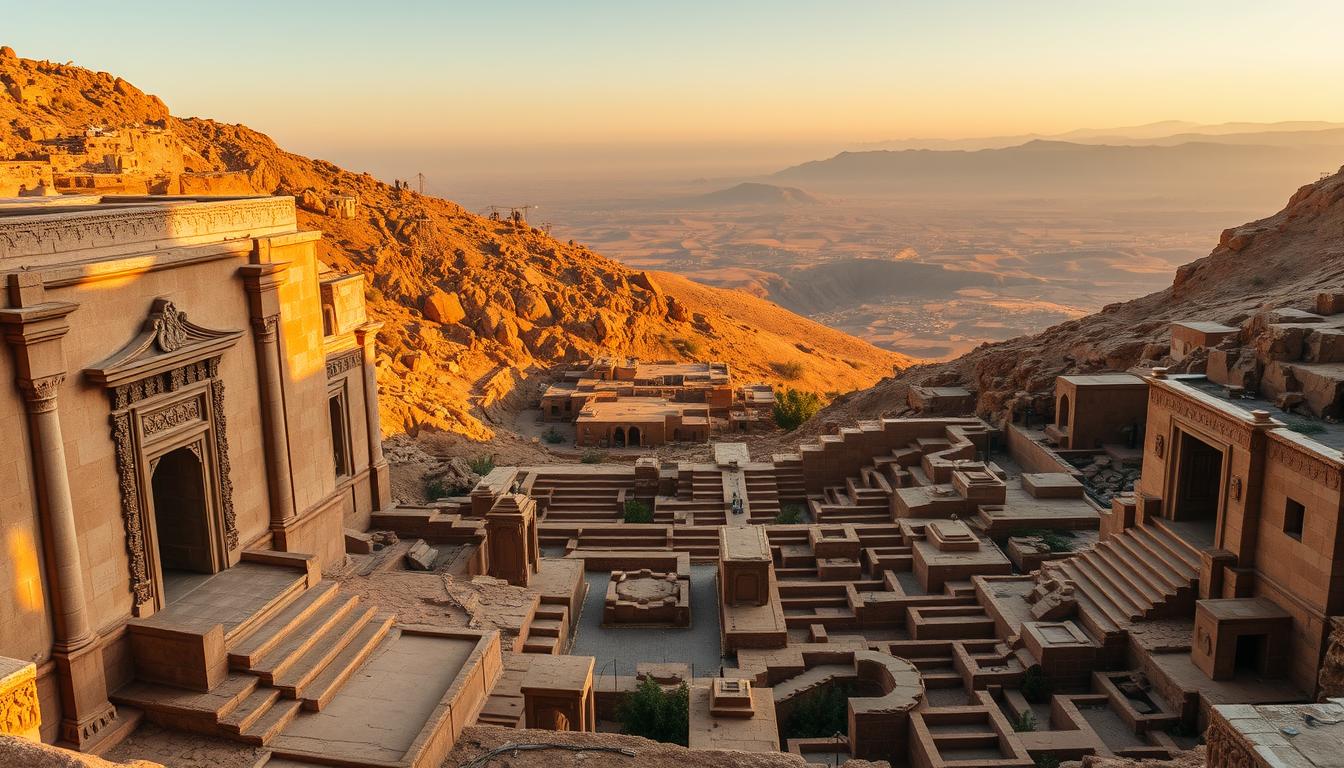 A grand, ancient necropolis nestled in the rugged, sun-drenched hills of Morocco. Massive stone tombs and mausoleums stand as silent sentinels, their weathered facades bathed in warm, golden light. In the foreground, intricate carvings and decorative motifs adorn the ornate entrances, hinting at the rich history and culture within. The middle ground reveals a sprawling network of pathways and alcoves, where visitors can explore the labyrinthine layout of this extraordinary archaeological site. In the distance, the hazy silhouettes of distant mountain ranges create a dramatic, otherworldly backdrop, evoking a sense of timelessness and the enduring legacy of Morocco's ancient civilizations.